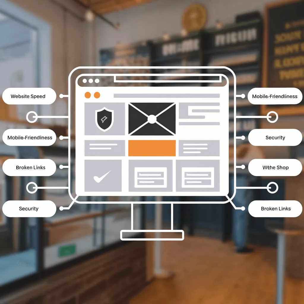 Website audit illustration with a page layout and review points.