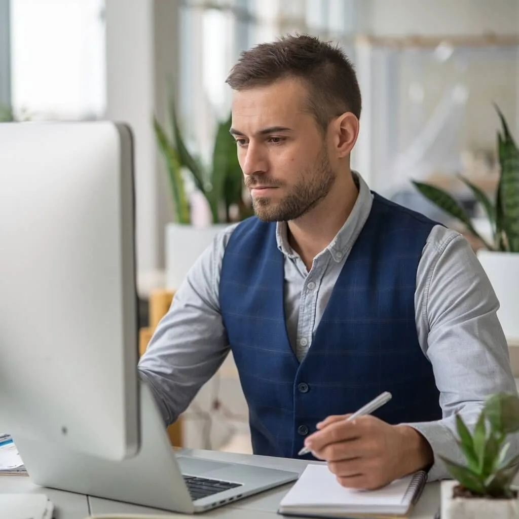 Person reviewing work on a laptop at a desk.
