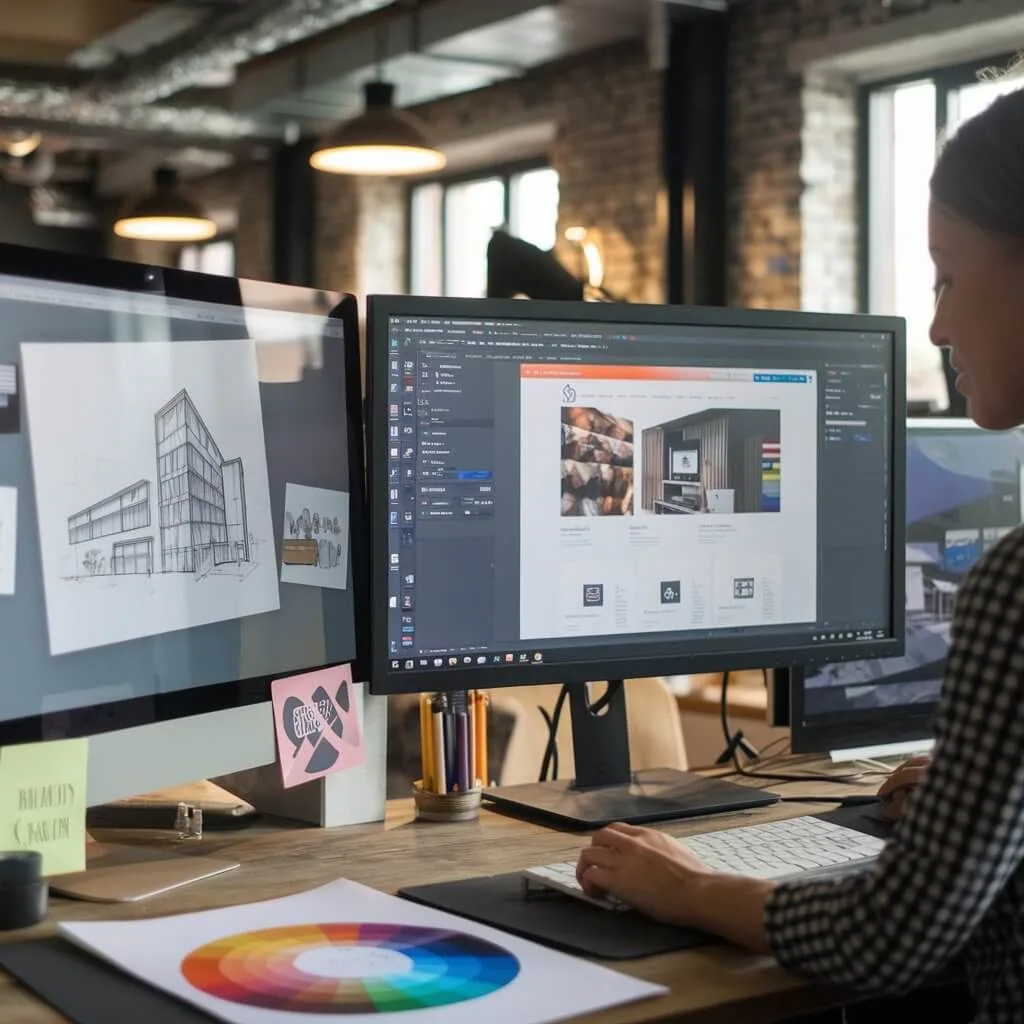 Person reviewing website layouts on two desktop monitors.